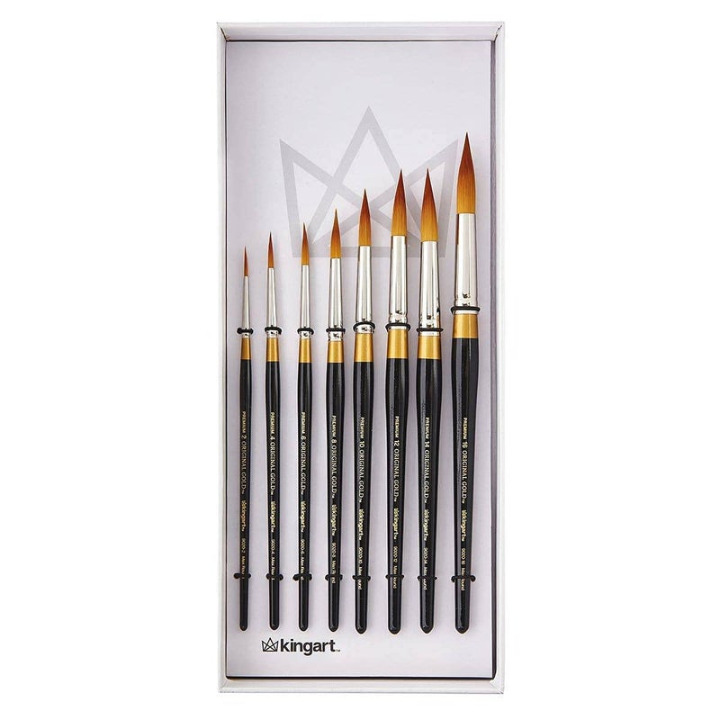 KINGART 1000C 8 PC. Premium Original Gold 9020 Series Golden Taklon Ultra Round Multimedia Artist Brush Set, Short Handle, Gift Boxed Set of 8 - Sizes: 2,4,6,8,10,12,14,16 - Image 1